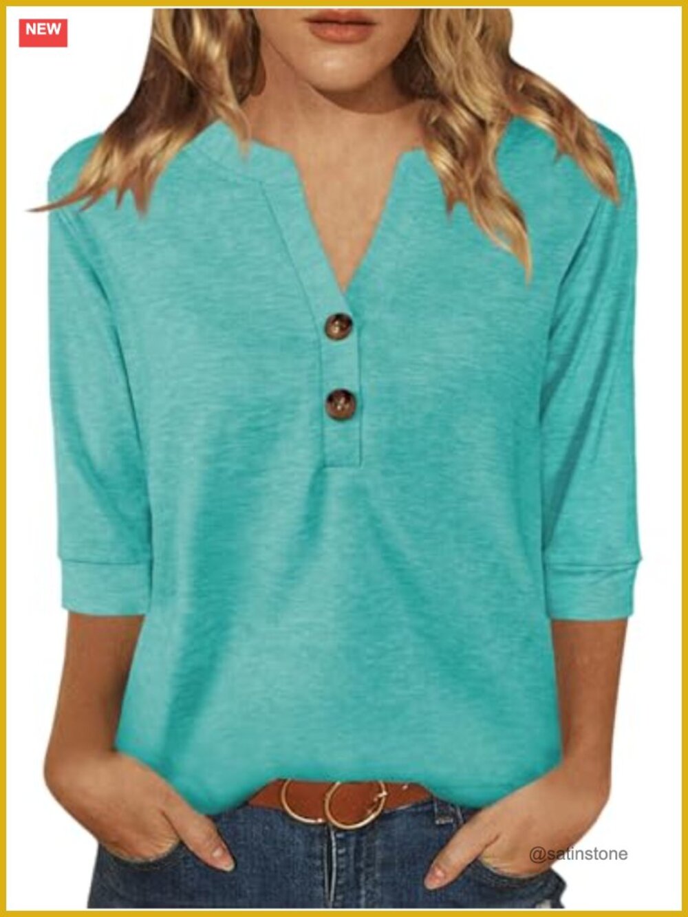 Womens 3/4 Sleeve V Neck Button Down Top Blouse Rayon Polyester Spandex